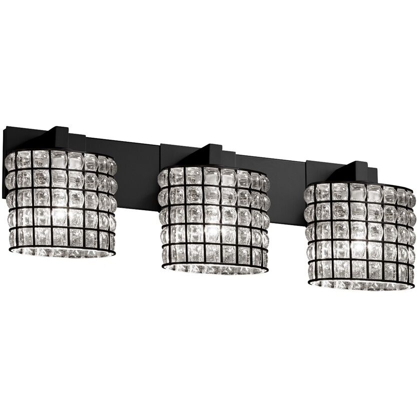 Wire Glass LED 27 inch Brushed Nickel Bath Bar Wall Light in 2100 Lm LED, Grid with Clear Bubbles, Cylinder with Flat Rim, Modular