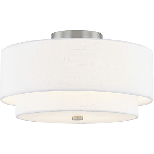Textile Collection 3 Light 15 inch Brushed Nickel Semi Flush Ceiling Light in White, Classic Family