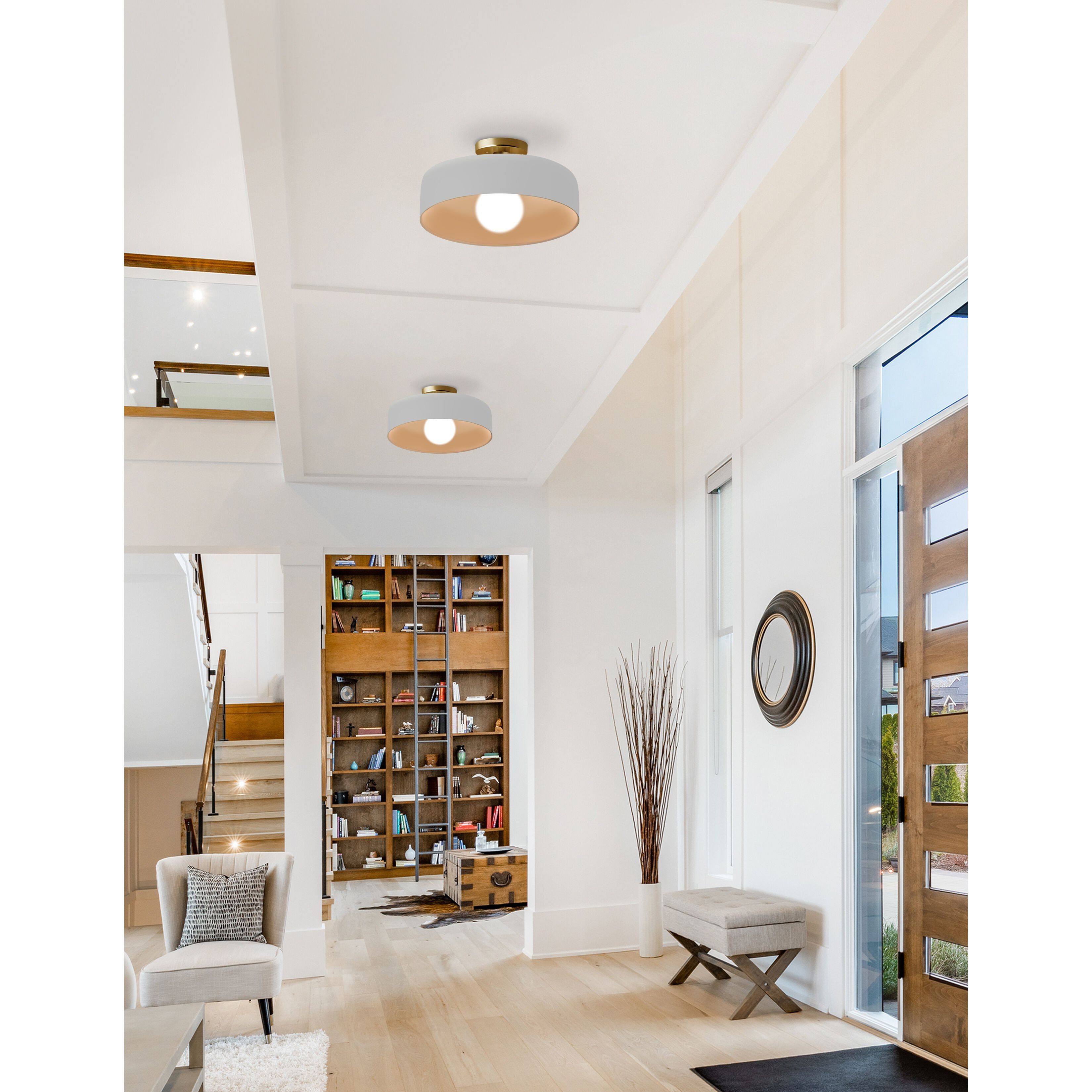 Radiance Collection - Spire 1 Light 16 inch Matte White and Brushed Brass Semi-Flush Ceiling Light in Replaceable Bulb, 16W x 6.5H, Form+Finish+Function