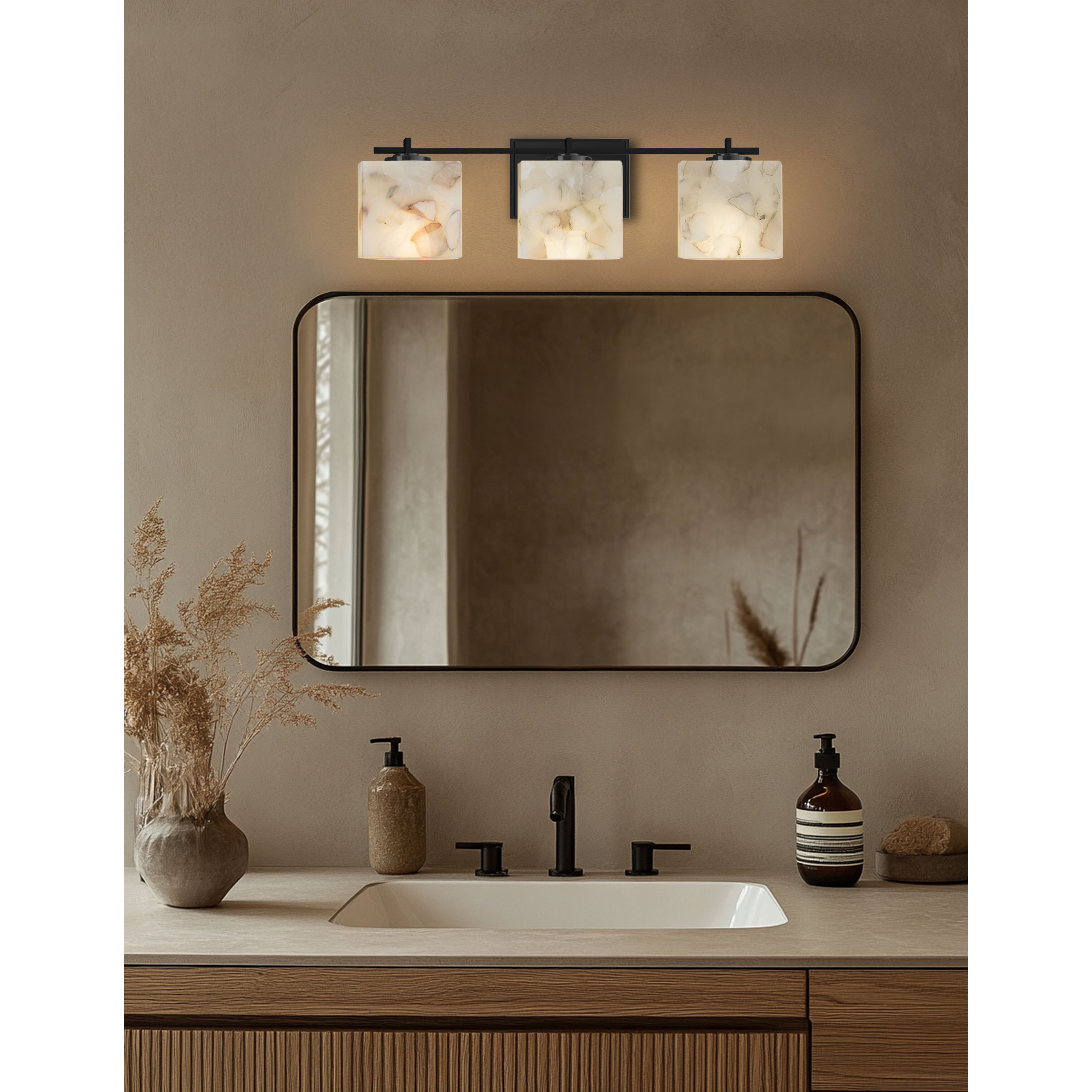 Alabaster Rocks 3 Light 25.75 inch Matte Black Vanity Light Wall Light in LED, Rectangle