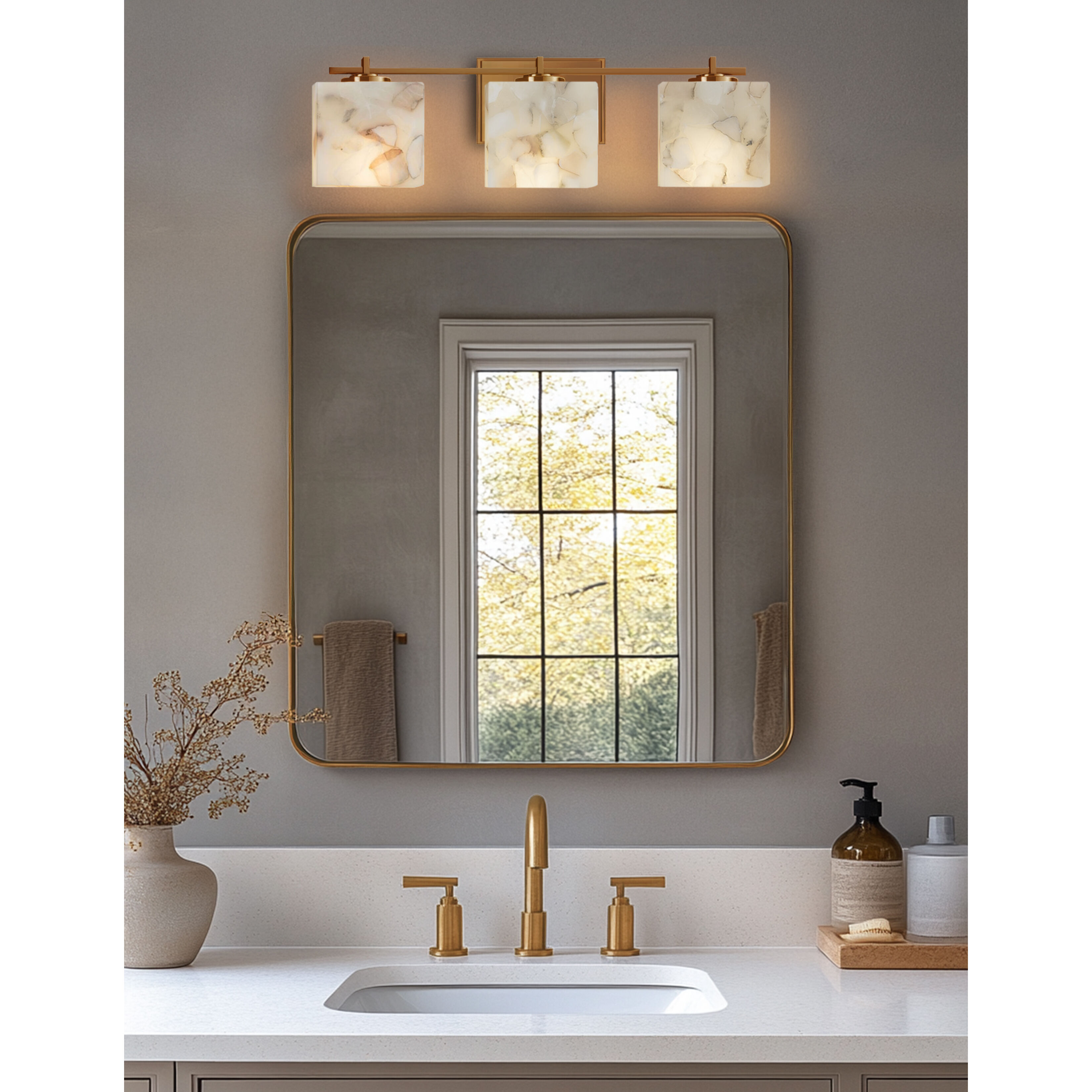 Alabaster Rocks 25.75 inch Brushed Brass Bath Bar Wall Light in Rectangle, Incandescent
