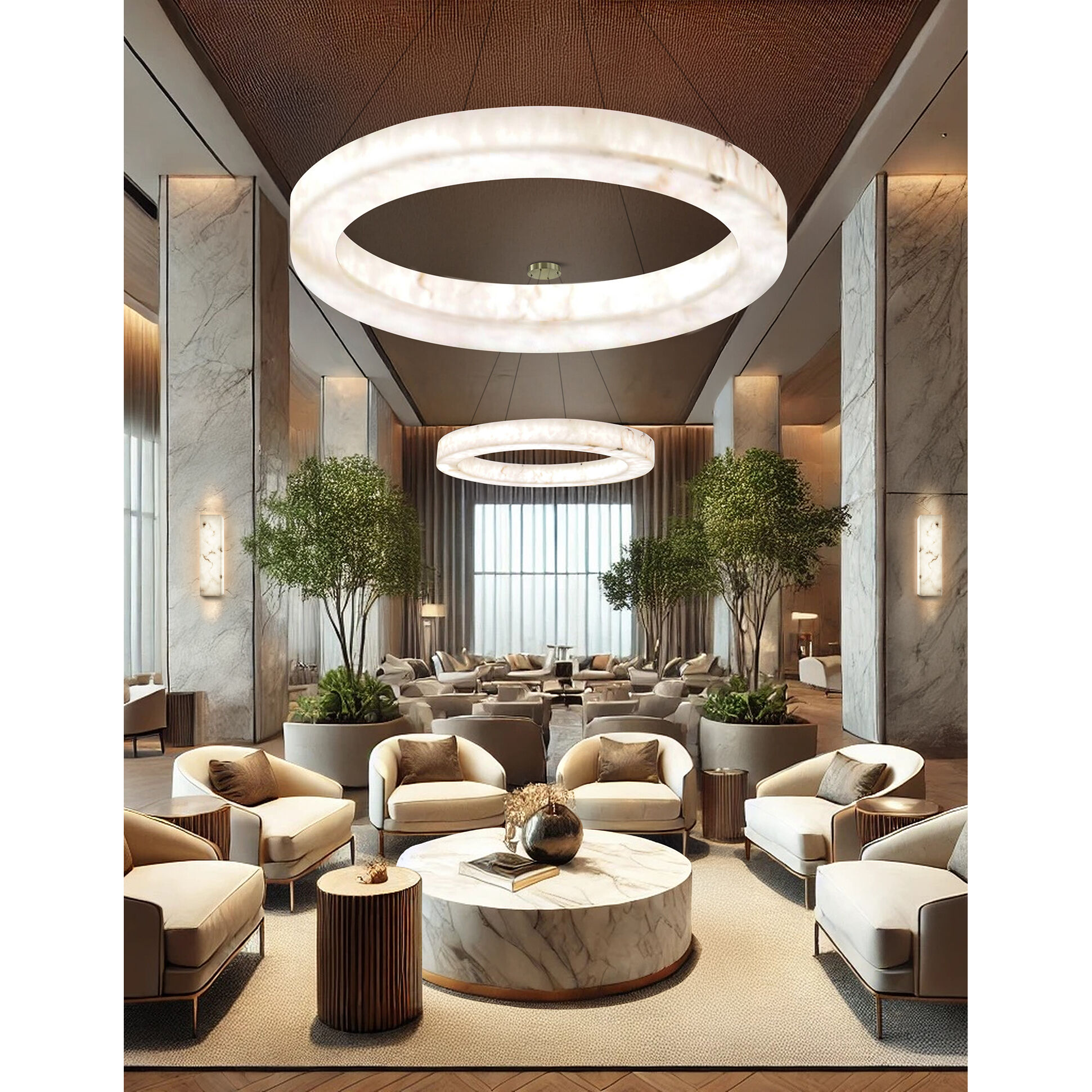 LumenAria - Medley Family LED 52 inch Brushed Brass Pendant Ceiling Light in 52" D x 52" W x 3.5" H, EVOLV