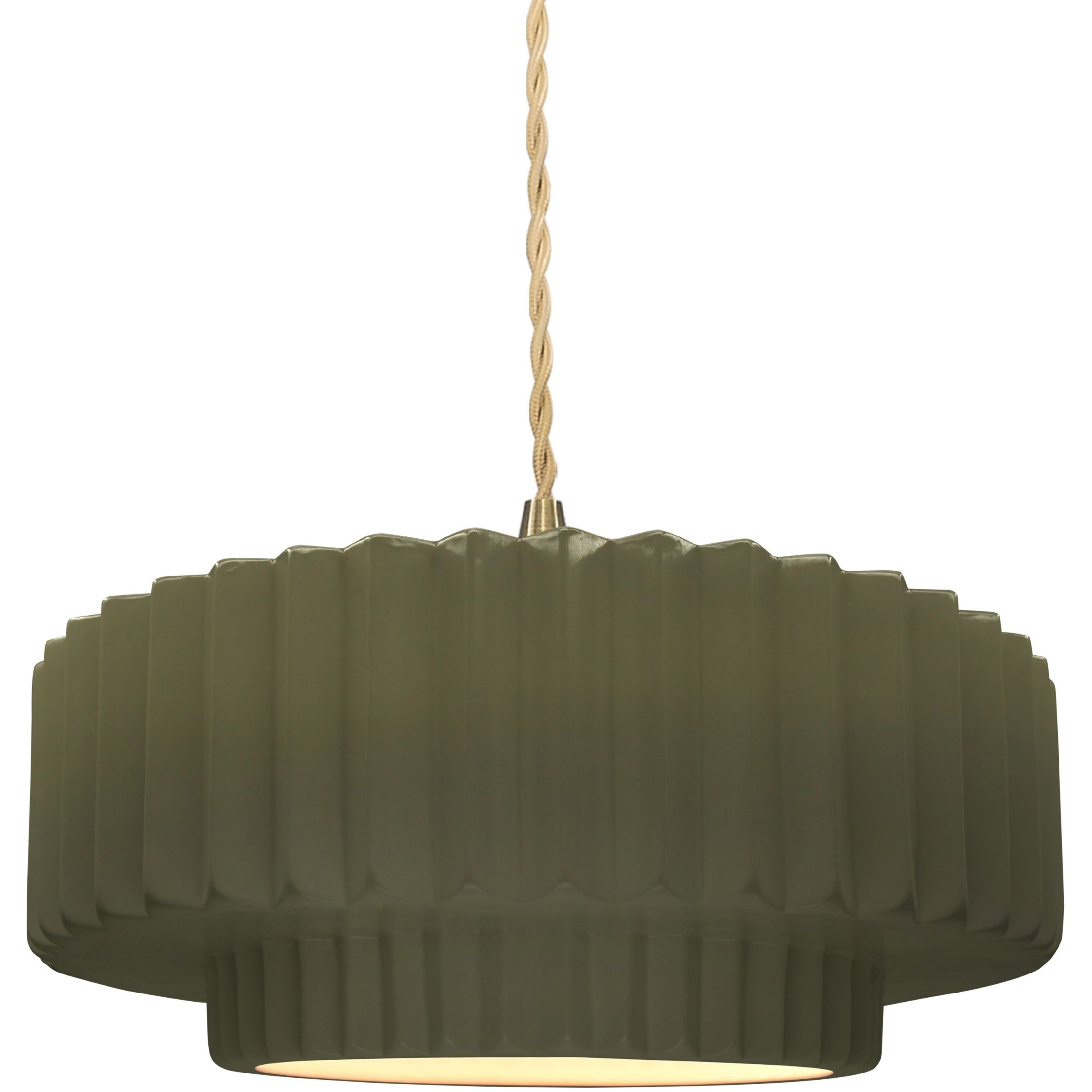 Radiance Collection - Pleated Tier Pendant Ceiling Light in Brushed Brass, Replaceable Bulb, Beige Twist Cord, Matte Green, 14.5W x 5.25H, Form+Finish+Function