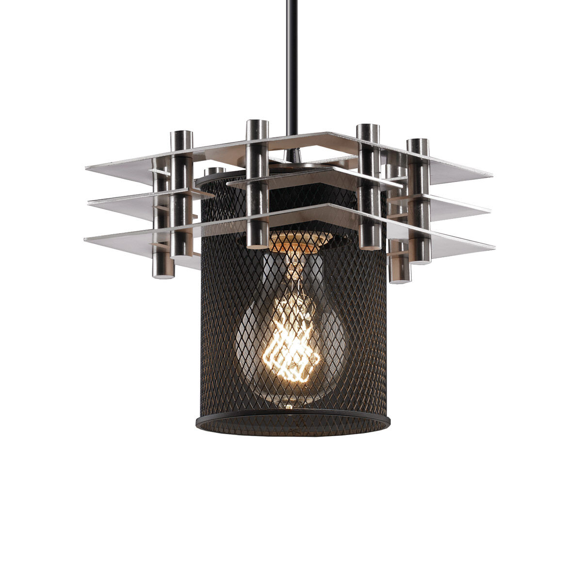 Metropolis 1 Light 7 inch Brushed Nickel Pendant Ceiling Light in Black Cord, Cylinder with Flat Rim