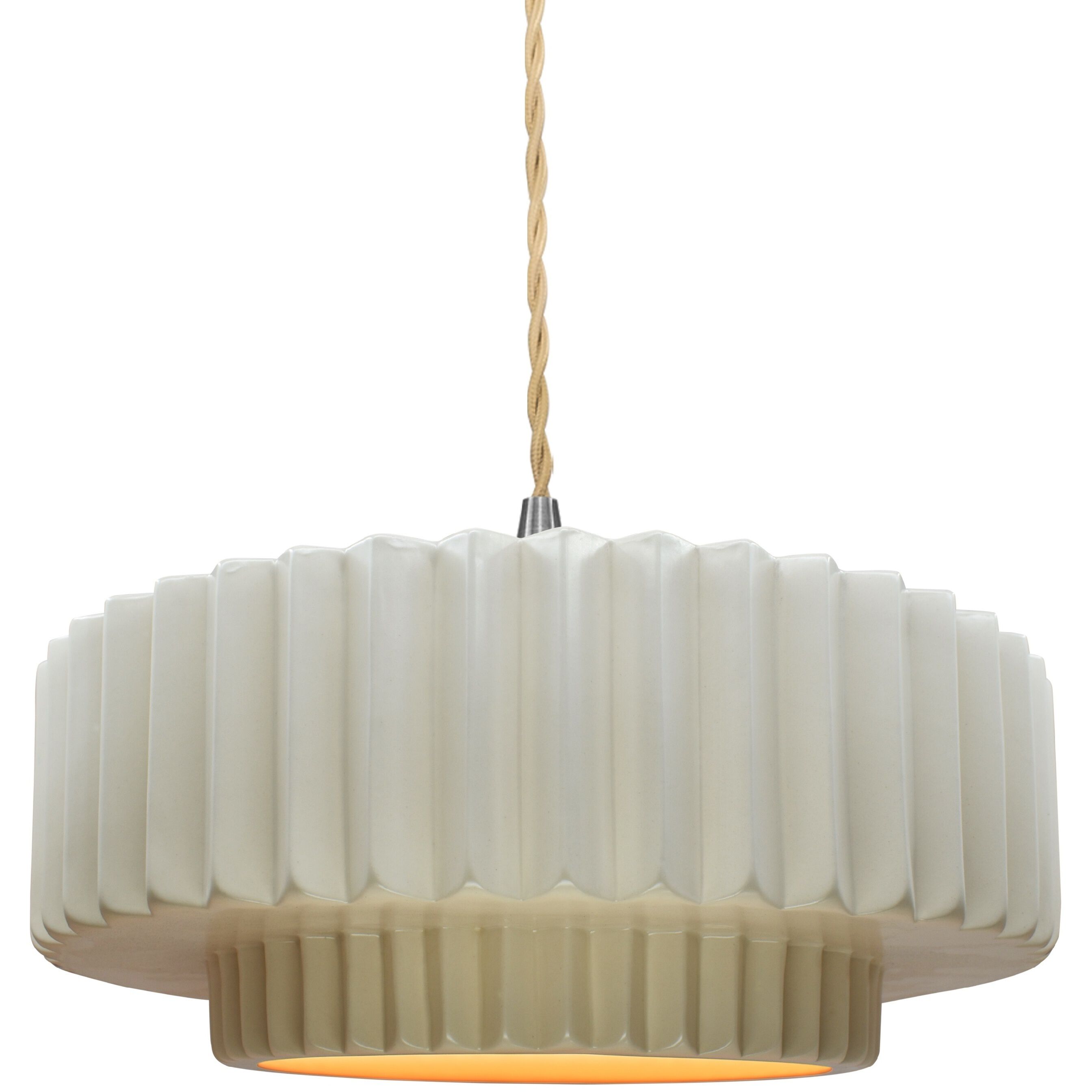 Radiance Collection - Pleated Tier Pendant Ceiling Light in Brushed Nickel, Replaceable Bulb, Beige Twist Cord, Matte White/Champagne Gold, 14.5W x 5.25H, Form+Finish+Function