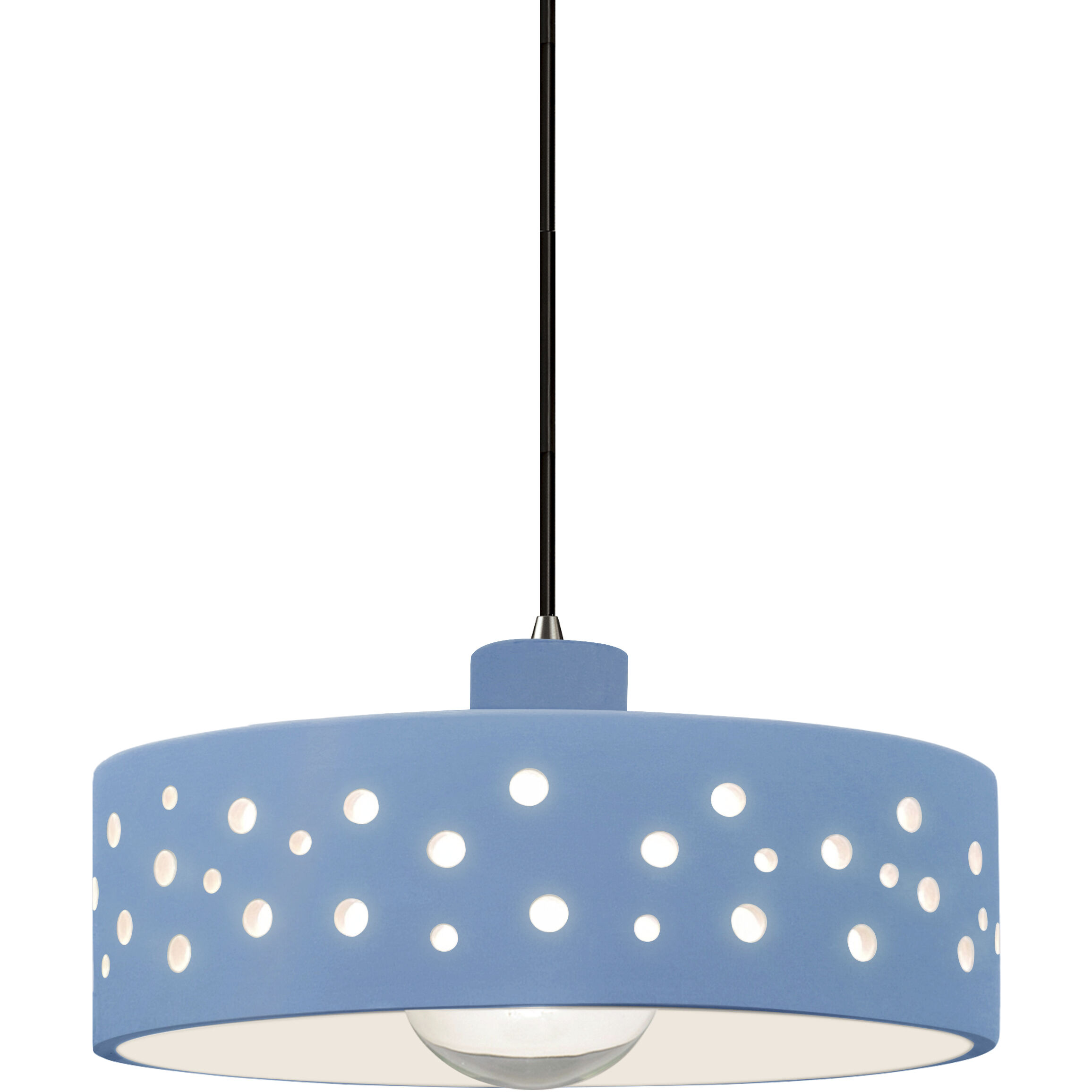 Perforated Dish Pendant Ceiling Light in Polished Chrome, Black Cord, Replaceable Bulb, Sky Blue, Form+Finish+Function