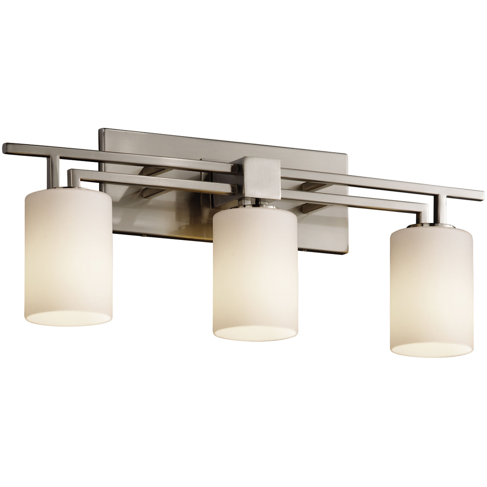Fusion 3 Light 26 inch Brushed Nickel Bath/Bath Vanity Wall Light in Opal, Cylinder with Flat Rim, Incandescent