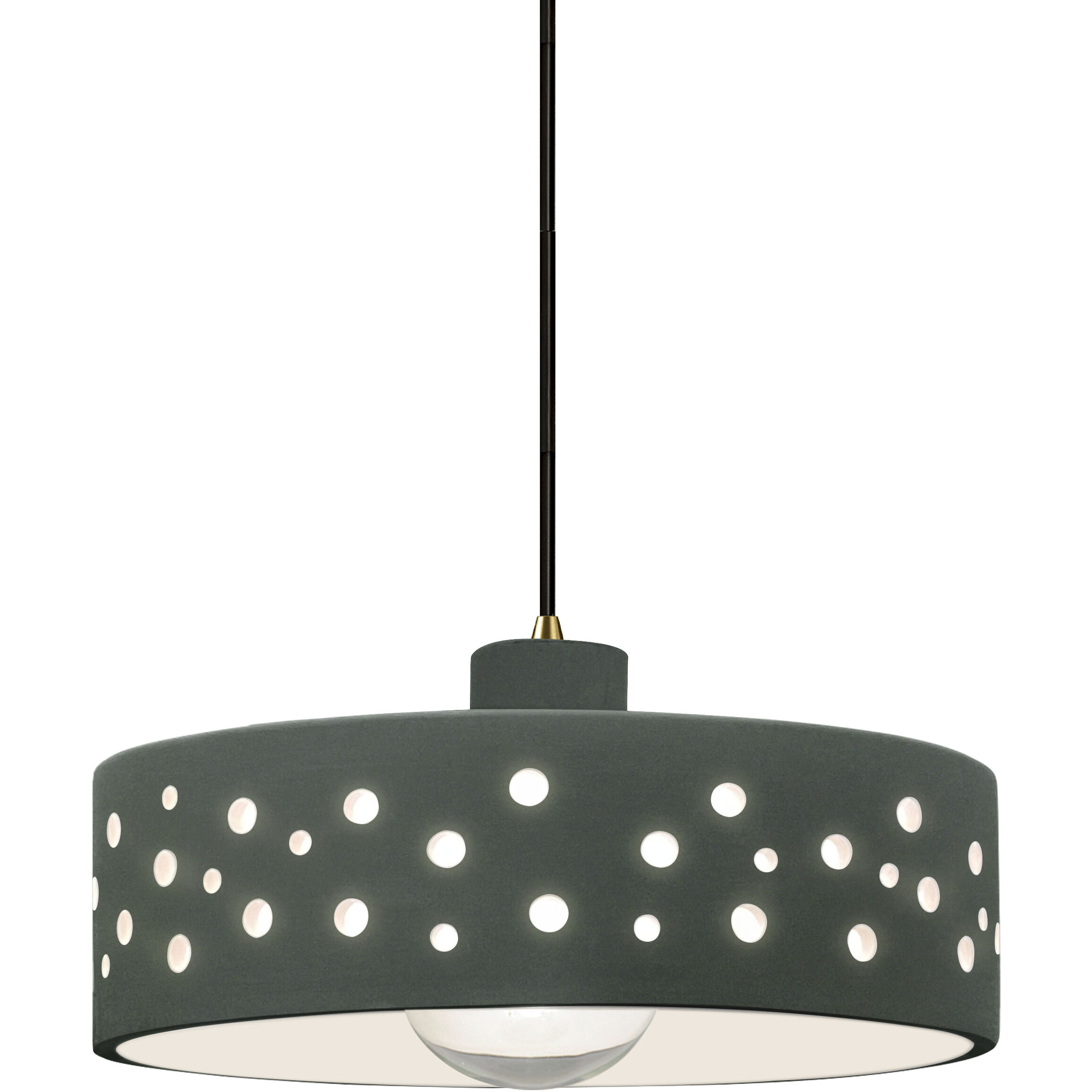 Perforated Dish Pendant Ceiling Light in Antique Brass, Dedicated LED, Black Cord, Pewter Green, Form+Finish+Function