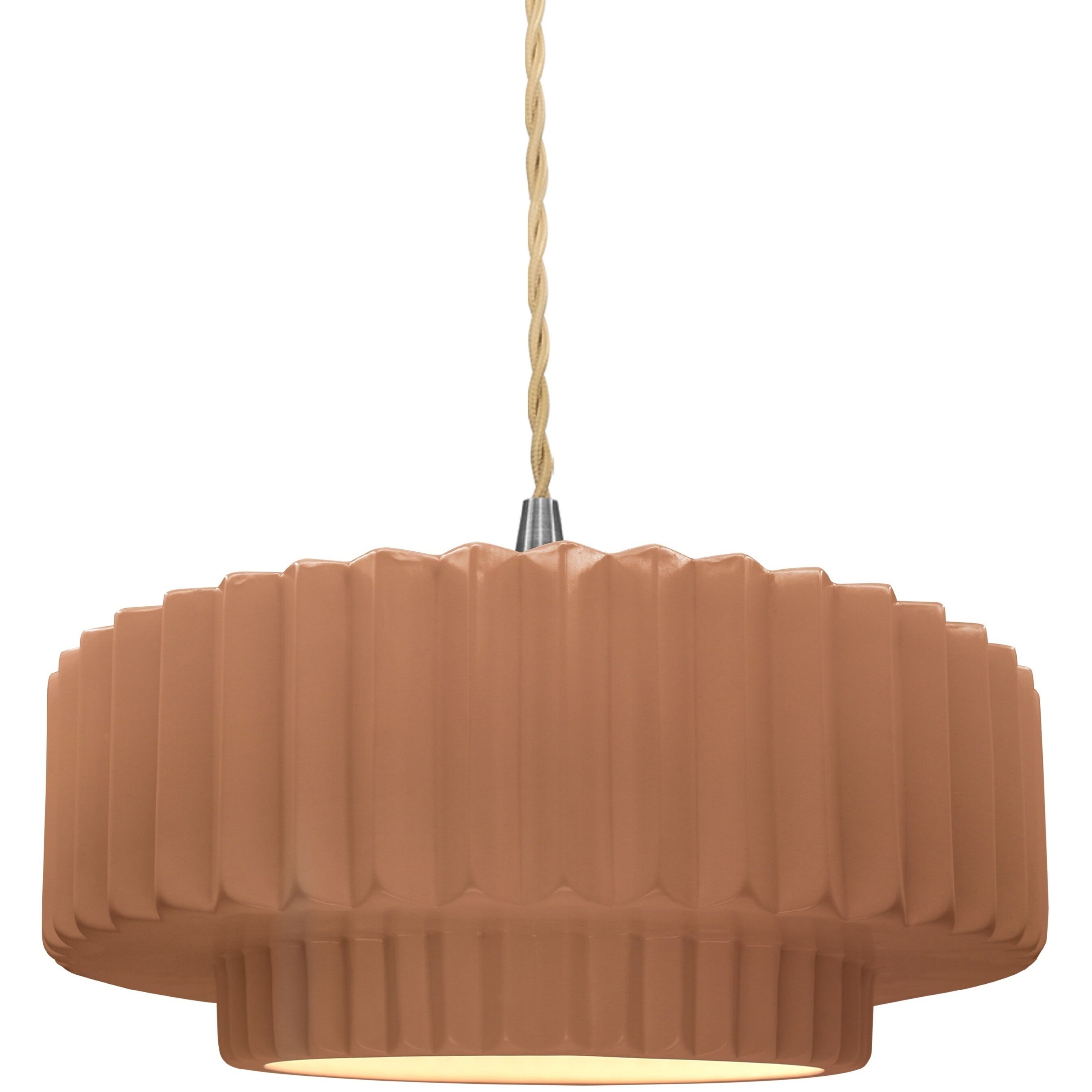 Radiance Collection - Pleated Tier Pendant Ceiling Light in Brushed Nickel, Replaceable Bulb, Beige Twist Cord, Adobe, 14.5W x 5.25H, Form+Finish+Function