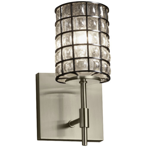 Wire Glass Wall Sconce Wall Light in Brushed Nickel, Grid with Clear Bubbles, Cylinder with Flat Rim, Incandescent, Cylinder