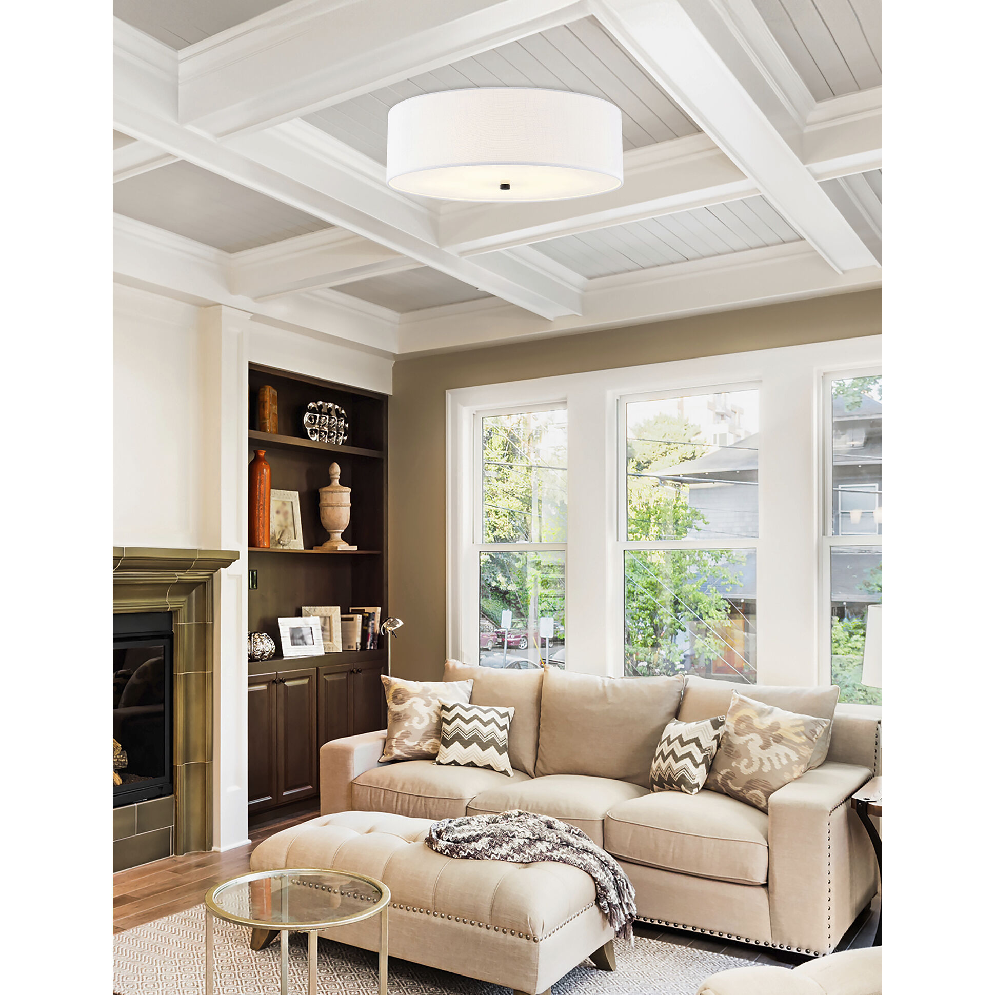 Textile Collection 5 Light 24 inch Matte Black Flush Mount Ceiling Light in White, Classic Family