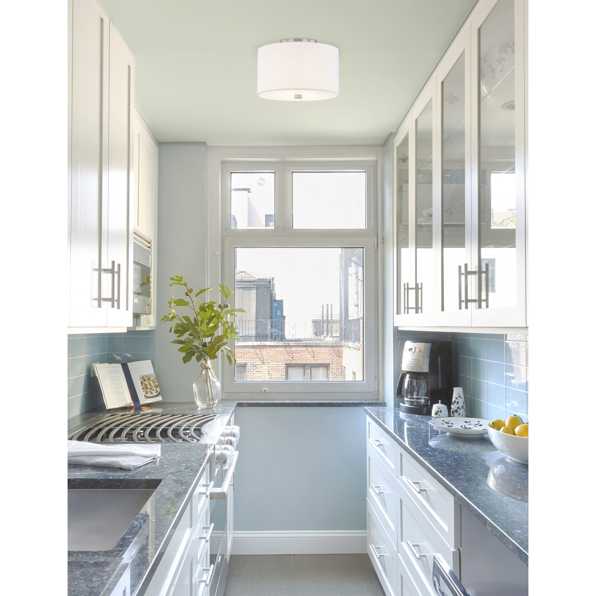 Textile Collection 2 Light 11 inch Brushed Nickel Semi Flush Ceiling Light in White, Classic Family