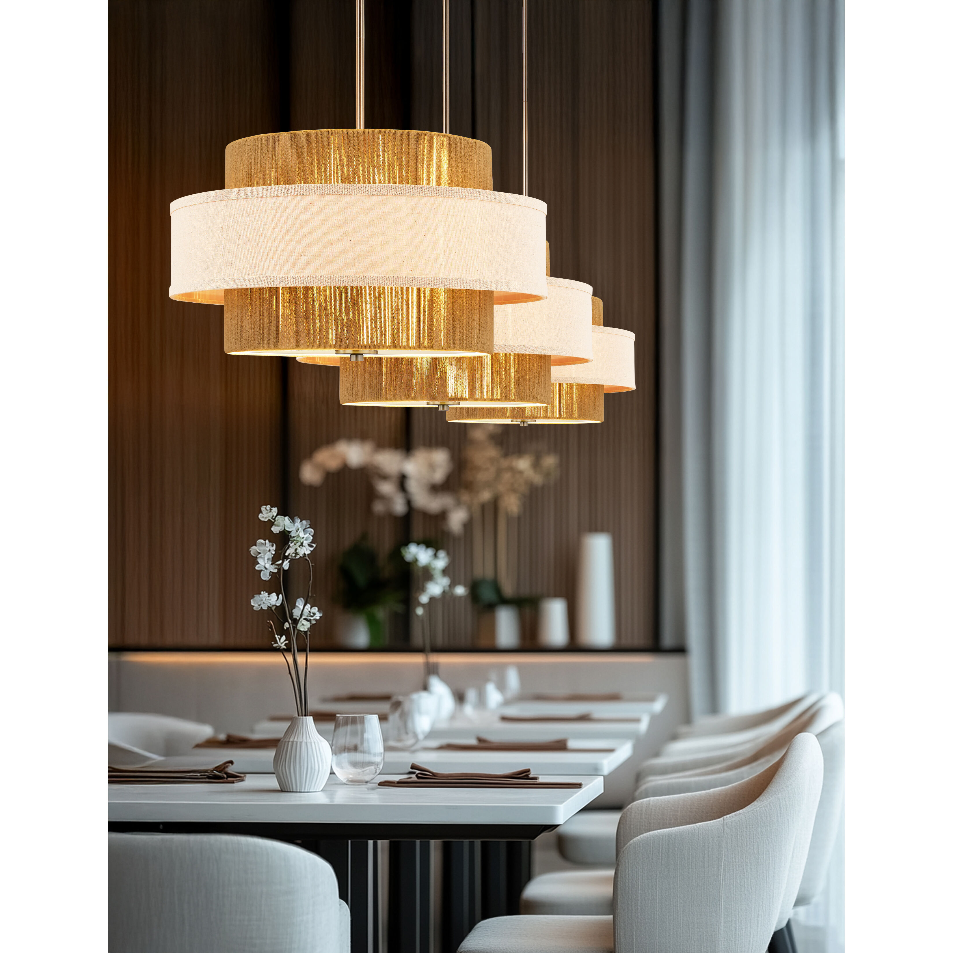 Textile Collection - Narberth Family 5 Light 24 inch Brushed Brass Pendant Ceiling Light in 24" D x 24" W x 11.5" H, EVOLV