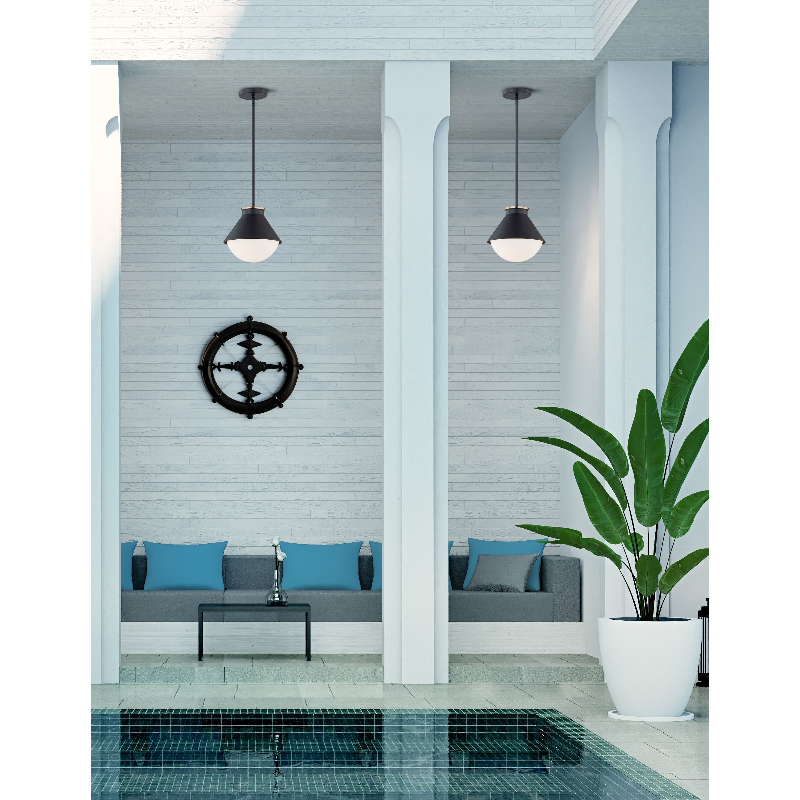 Fusion Collection 1 Light 10 inch Matte Black with Brass Ring Outdoor Pendant, Ravelle Family