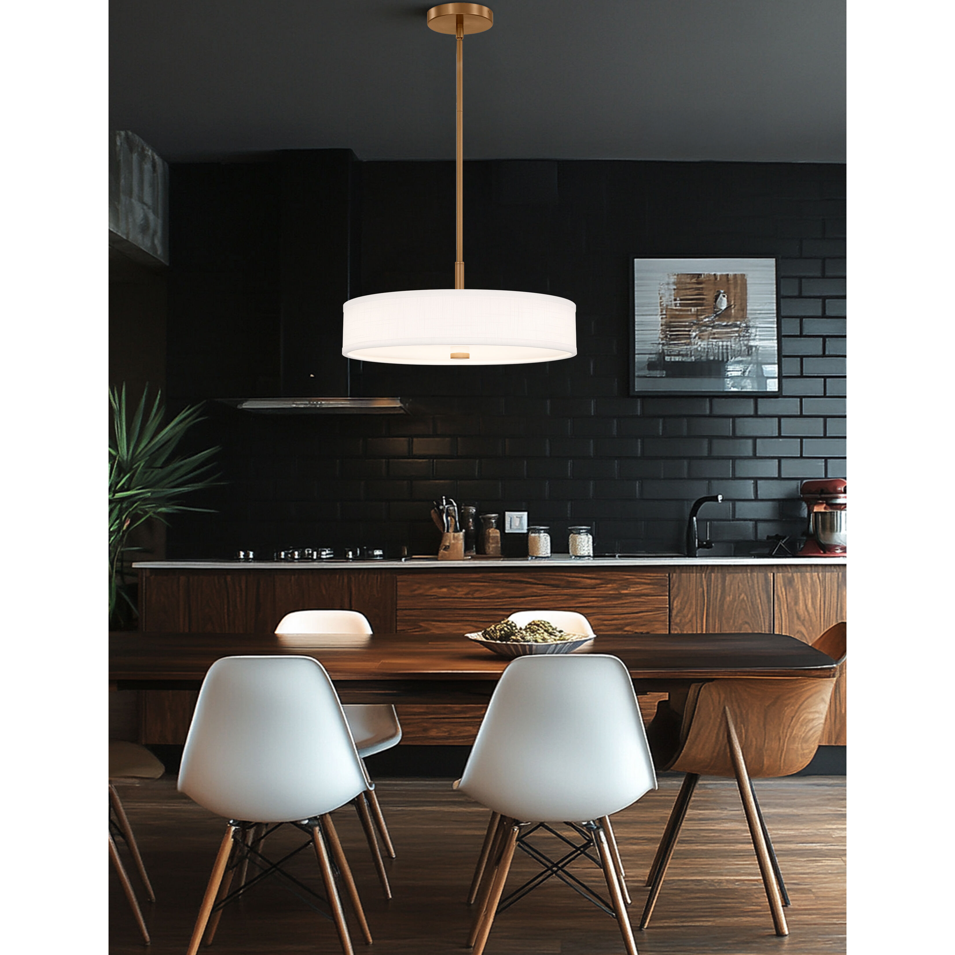 Textile Collection - Genova Family 18 inch Brushed Brass Pendant Ceiling Light in 18" D x 18" W x 7.5" H, White Linen, EVOLV