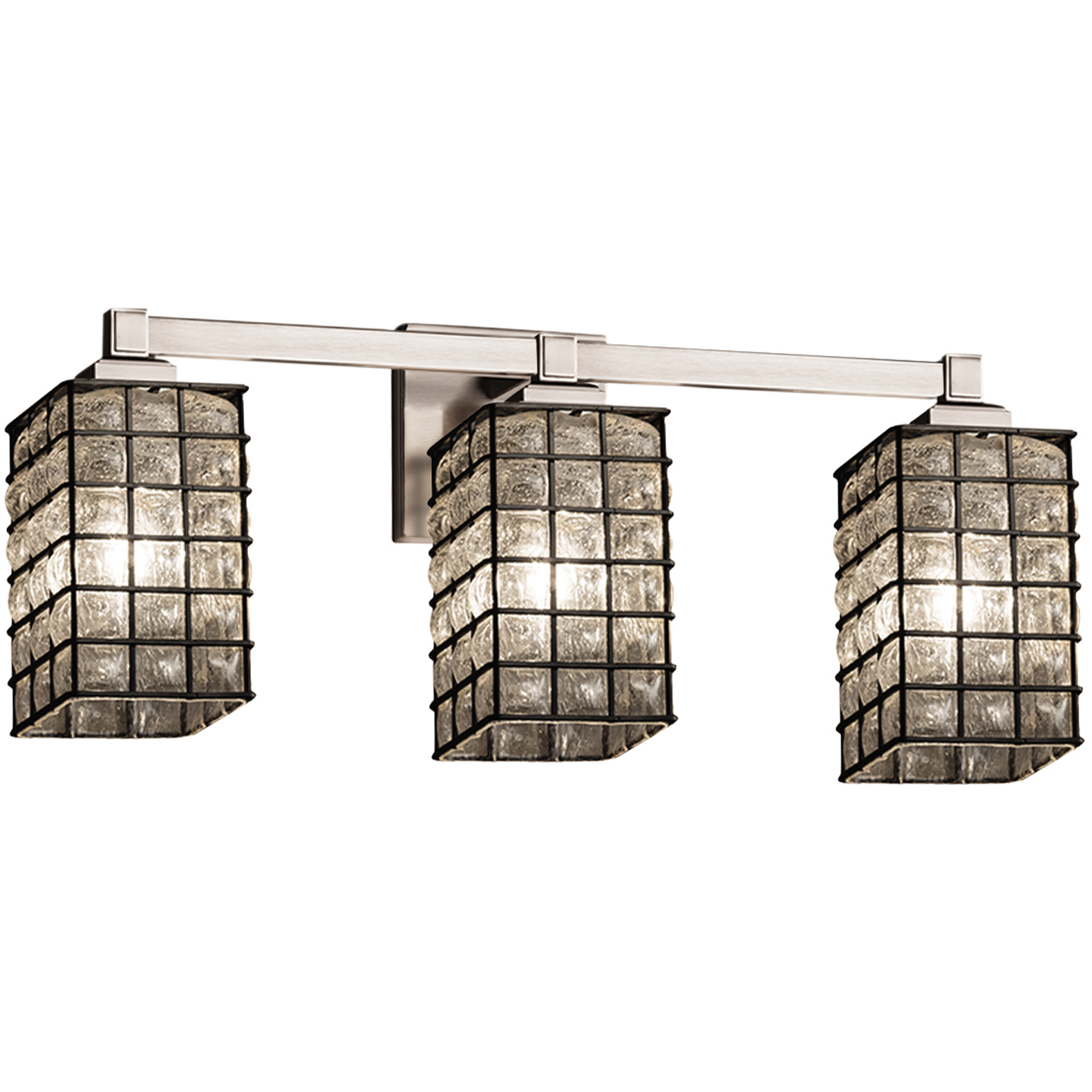 Wire Glass 3 Light 22 inch Matte Black Vanity Light Wall Light in Grid with Clear Bubbles, Square with Flat Rim, Incandescent
