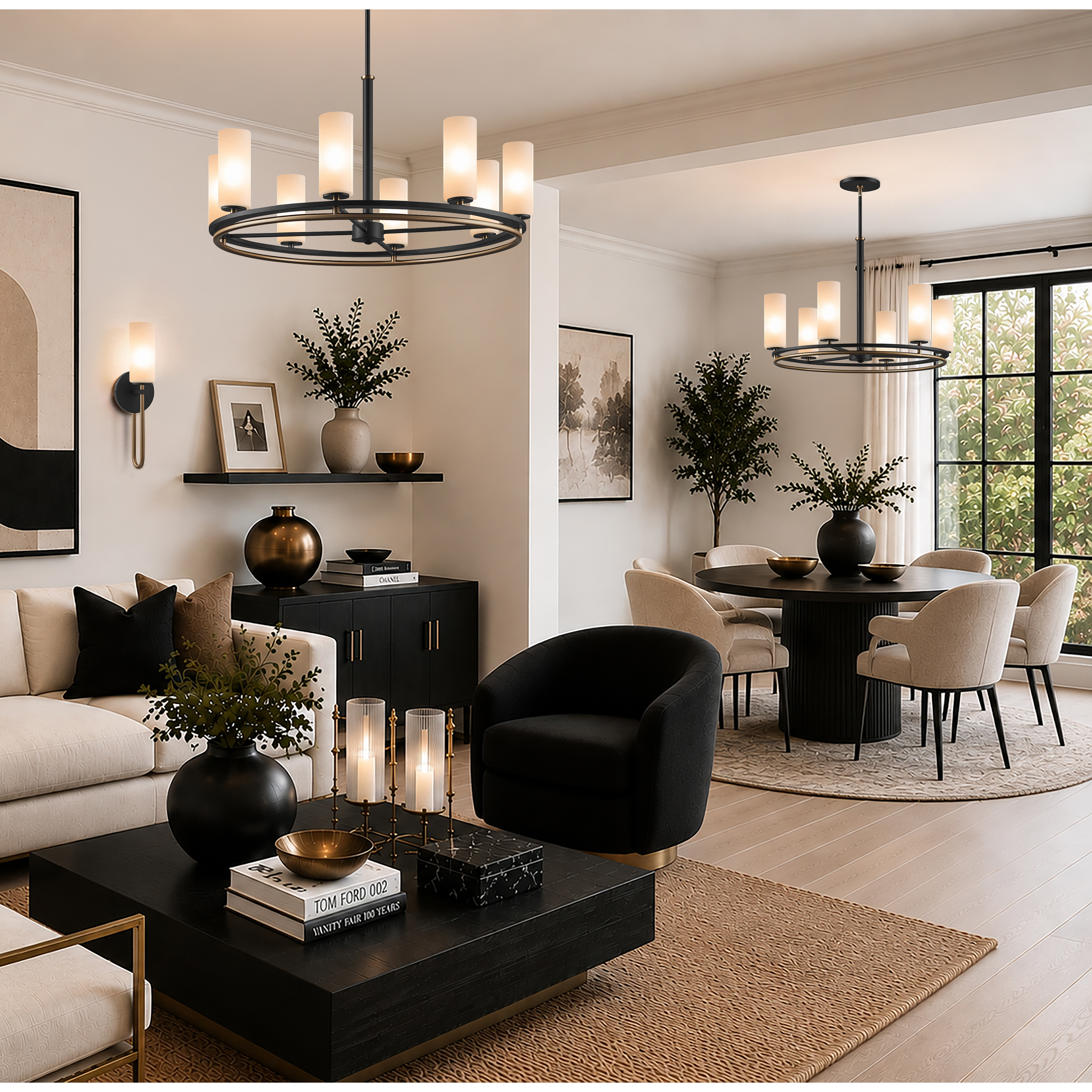 Fusion Collection - Tilburg Family 8 Light 32.5 inch Matte Black and Brass and Opal Chandelier Ceiling Light in 32.5" D x 32.5" W x 18" H, EVOLV