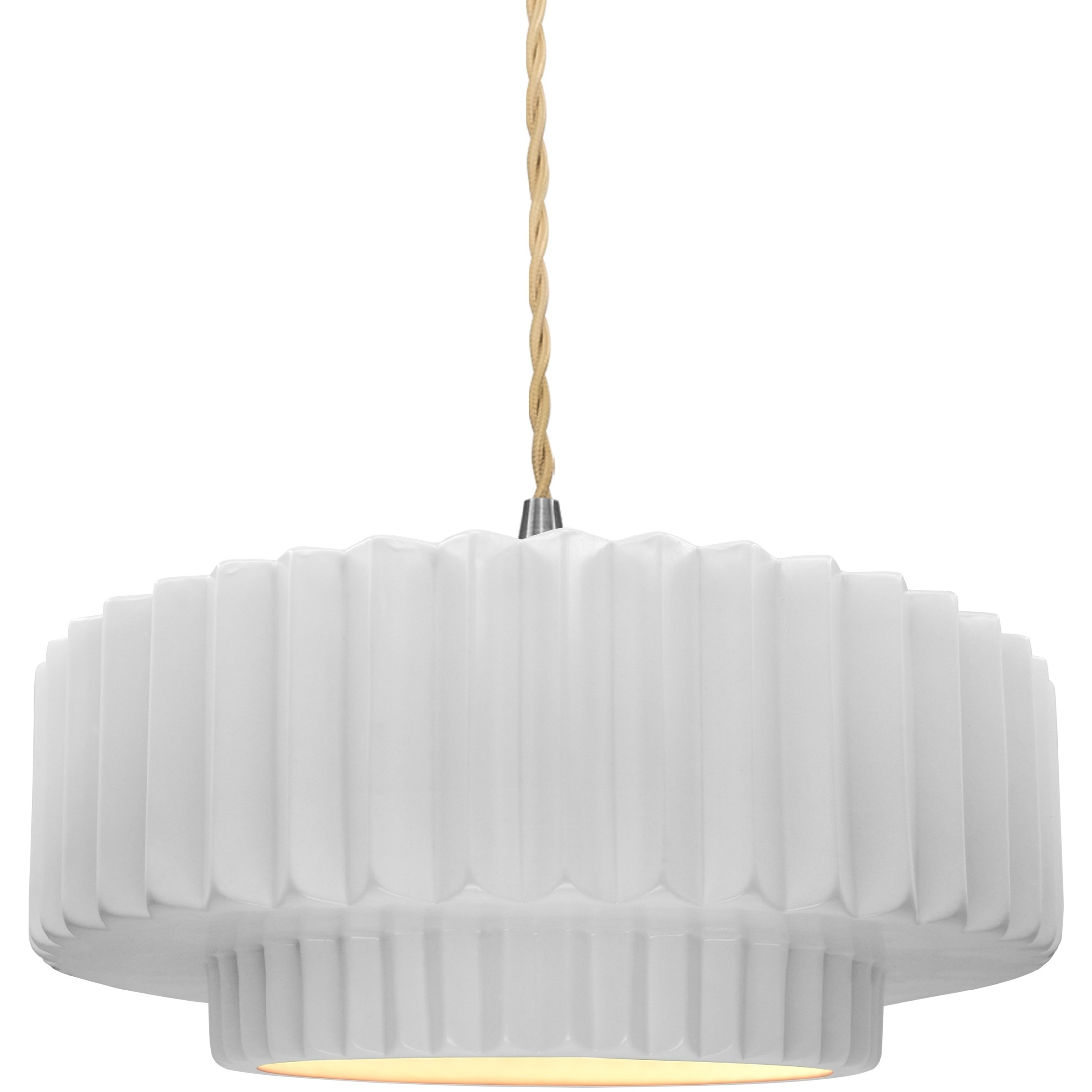 Radiance Collection - Pleated Tier Pendant Ceiling Light in Brushed Nickel, Replaceable Bulb, Beige Twist Cord, Gloss White, 14.5W x 5.25H, Form+Finish+Function