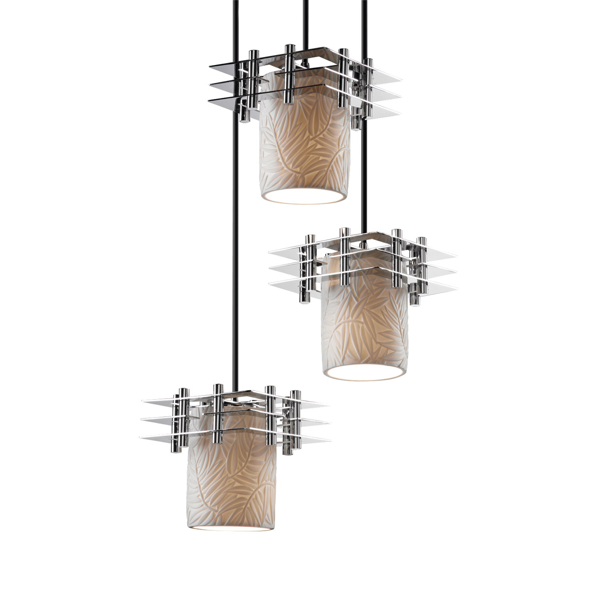 Metropolis 3 Light 7 inch Polished Chrome Pendant Ceiling Light in Bamboo, Cylinder with Flat Rim