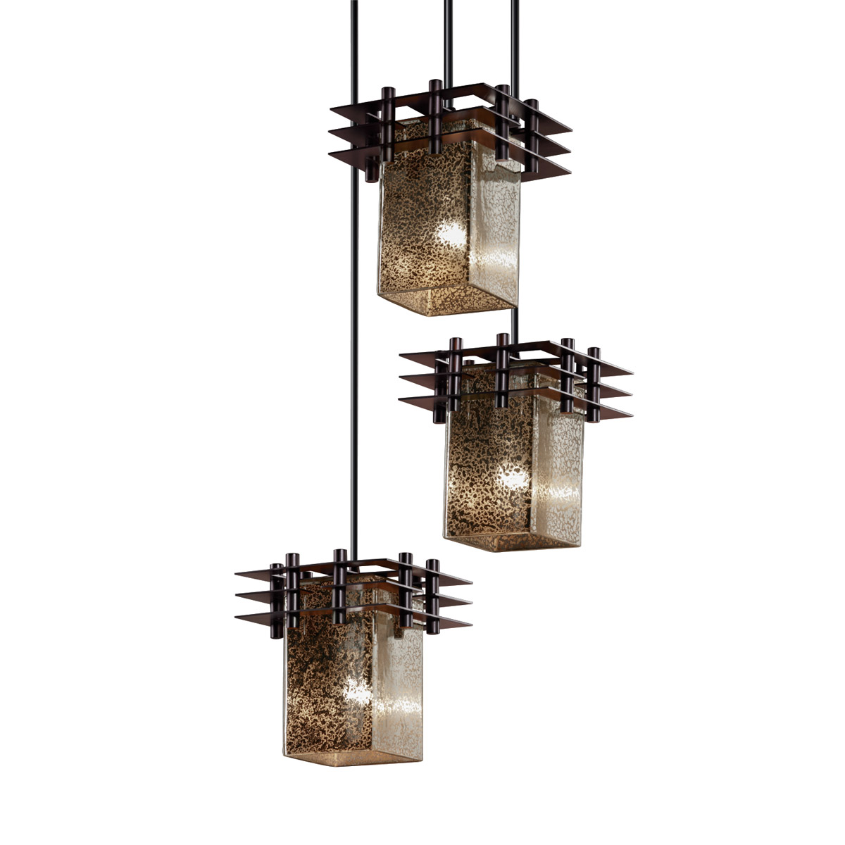 Metropolis 3 Light 7 inch Dark Bronze Pendant Ceiling Light in Mercury Glass, Square with Flat Rim