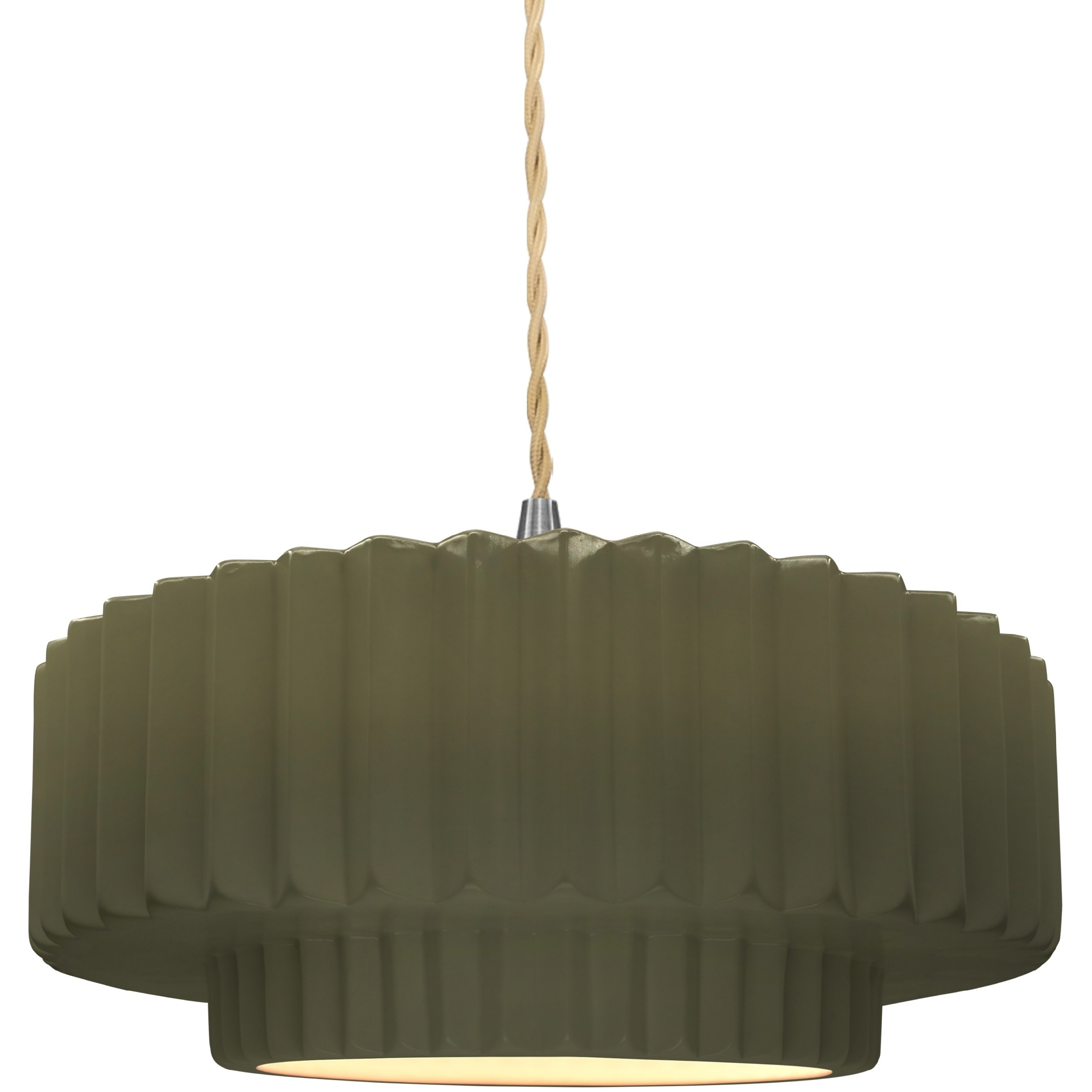 Radiance Collection - Pleated Tier Pendant Ceiling Light in Brushed Nickel, Replaceable Bulb, Beige Twist Cord, Matte Green, 14.5W x 5.25H, Form+Finish+Function