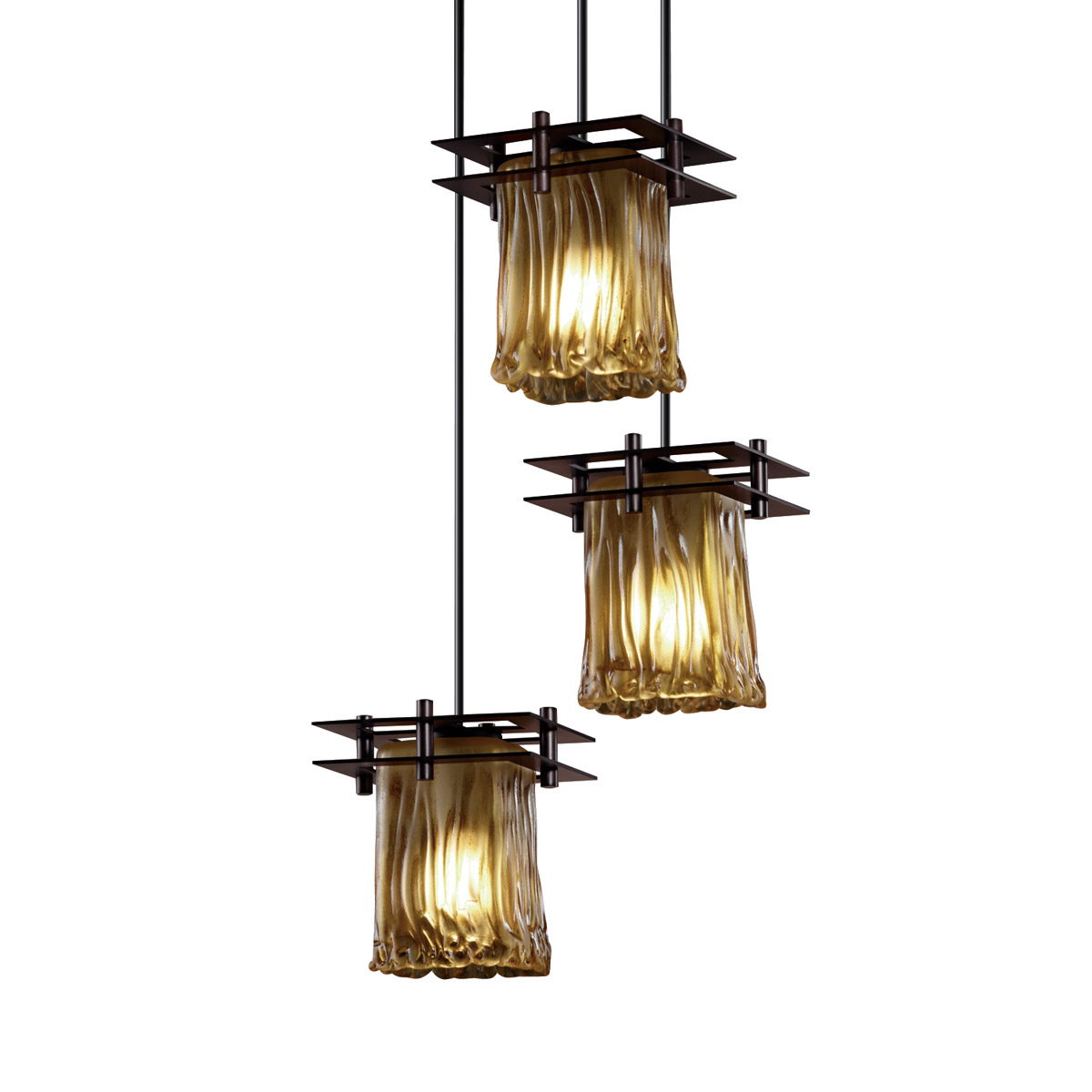 Metropolis 3 Light 7 inch Dark Bronze Pendant Ceiling Light in Amber (Veneto Luce), Square with Rippled Rim