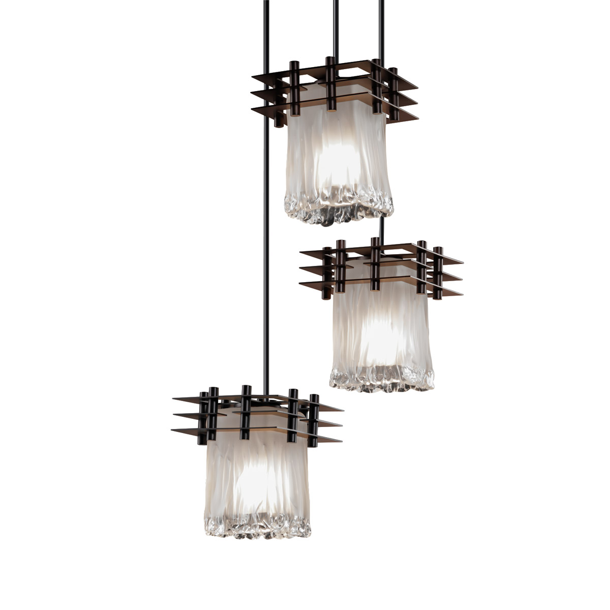 Metropolis 3 Light 7 inch Dark Bronze Pendant Ceiling Light in White Frosted (Veneto Luce), Square with Rippled Rim